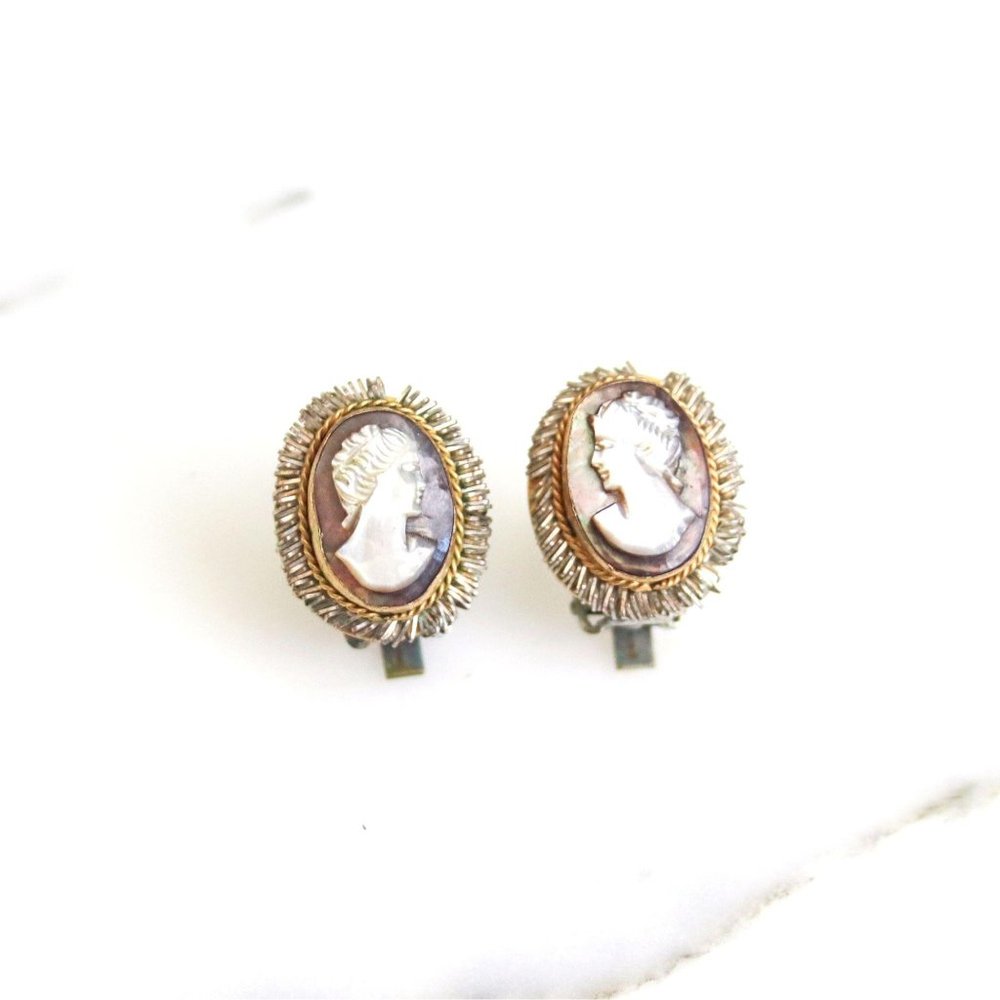 Art Deco Era Carved‎ Mother of Pearl Cameo Earrings